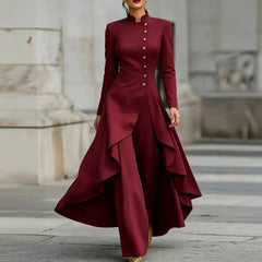 White Stand Collar Long Sleeve Gold Button Skirted Pant Suit