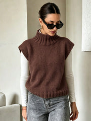 Coffee Brown High Neck Knit Sweater Vest