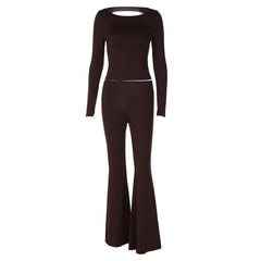 Brown Slim Fit Matching Set, Long Sleeve Crop Top High Waist Flared Leg Pants