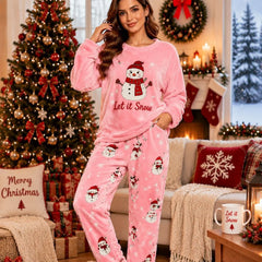 Cute Christmas Snowman Fleece Loungewear Set Round Neck Long Sleeve Top & Elastic Waist Full Length Pants