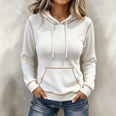 Casual White Waffle Knit Hoodie for Contrast Stitching Long Sleeve Pullover