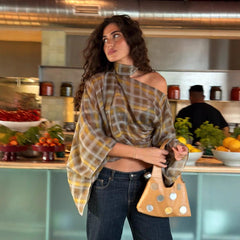 Boho Tartan Sheer Oversized Shirt, Cold Shoulder Batwing Long Sleeve Loose Plaid Blouse for Daily Outfit