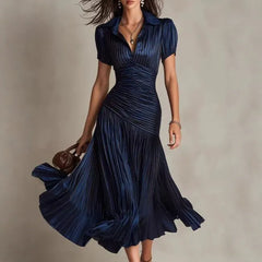 Lapel High Waist Pull Pleat A-Line Satin Midi Dress