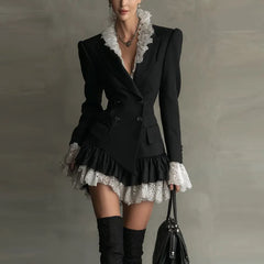 Black Lace Trim Double Breasted Blazer Mini Dress