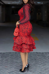 Abstract Print Waist-Cinching Mermaid Midi Dress