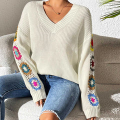 V‑Neck Loose Pullover Sweater With Crochet Floral Sleeve