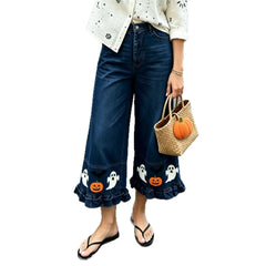 Halloween Ghost Pumpkin Ruffle Cropped Wide Leg Jeans