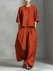 Linen Blend Two-Piece Set, Button-Down Top and Wide Leg Pants
