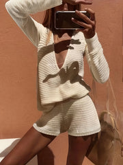 Solid V Neck Knit Long Sleeve Top & Shorts Two Piece Set