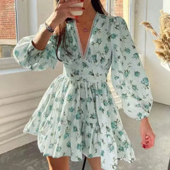 Sweet Floral V-Neck Bubble Sleeve A-Line Mini Dress Loose Waist Lightweight Campus Daily Dress