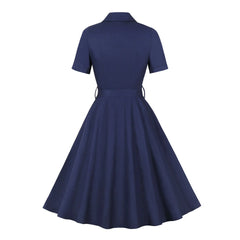 Lapel Short Sleeve Button Front Belted Vintage Swing Midi Dress