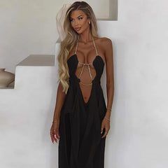 Rhinestone Chain Halter Maxi Dress