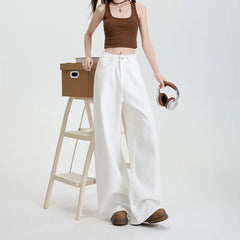 High Waist Non-Stretch Retro White Wide Leg Denim Pants