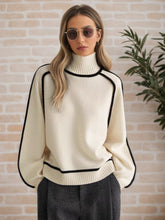 Contrast Piping Turtleneck Sweater, Raglan Long Sleeve Solid Color Loose Knit Pullover