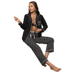 Black White Polka Dot Print 2 Piece Sleepwear Set Notch Collar Long Sleeve Shirt Drawstring Pants