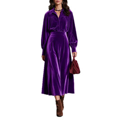 Purple Velvet Matching Set, Puff Sleeve Shirt and Flowy Midi Skirt