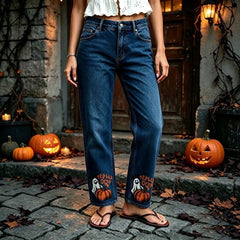 Halloween Ghost Pumpkin Printed Straight Jeans