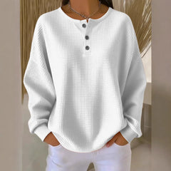 Casual Oversized Waffle Knit Top, Henley Button Neck Long Sleeve Tee