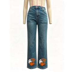 Halloween Ghost Pumpkin Printed Straight Jeans