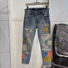 Colorful Pumpkin Print Distressed Skinny Jeans