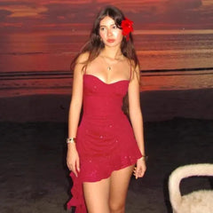 Glitter Ruched Ruffle Hem Spaghetti Strap Mini Dress