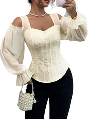 Floral Embroidery Cold Shoulder Puff Sleeve Blouse