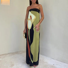 Calla Lily Print Strapless Straight Maxi Dress