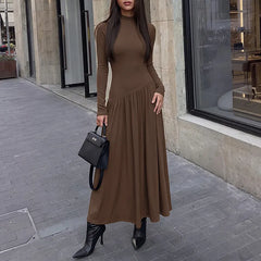 Brown Ribbed Mock Neck Long Sleeve Maxi Dress | Fitted Bodice Pleated Flowy Long Dress