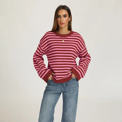 Bold Stripe Knit Pullover Crew Neck Drop Shoulder Loose Fit Fall Sweater