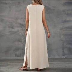 Solid V Neck Sleeveless Side Split Loose Maxi Dress