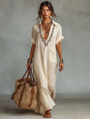 Bohemian Embroidered Linen Maxi Dress
