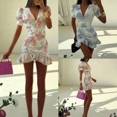 Floral Print V Neck Puff Short Sleeve High Waist Ruffle Hem Slim A-Line Mini Dress