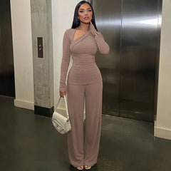 2 Piece Outfit Set Asymmetrical Wrap Long Sleeve Top & Split Flare Pants