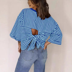 Crew Neck Horizontal Striped Loose Short Horn Sleeve Casual T-Shirt