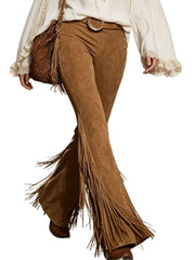Boho Western Fringed Flared Pants, High Waist Faux Suede Tassel Bell Bottoms