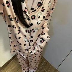 Cute Kitty Leopard Print Satin Ladies Sleepwear, 2 Piece Long Sleeve Top & Pants Pajamas