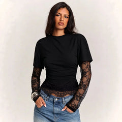 White Ruched T-Shirt with Attached Floral Lace Long Sleeves | Scalloped Lace Hem Mock Layered Crop Top