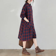 Loose Plaid Cotton Shirt Midi Dress