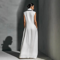 Contrast Piping Deep V-Neck Collared Sleeveless Loose Maxi Dress