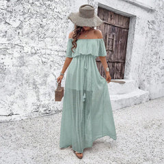Off Shoulder Ruffle Swiss Dot Chiffon Maxi Dress
