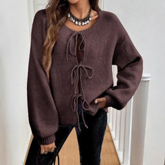 Multiple Drawstring Open Front Knit Top Long Sleeve Casual Oversized Cardigan