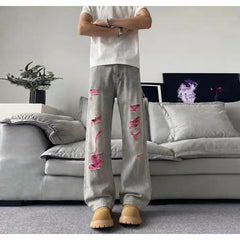 Men Mid Waist Contrast Ripped Wide Leg Jeans