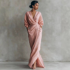 Wrap V Neck Long Sleeve Tie Waist Linen Maxi Dress
