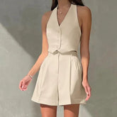V-Neck Halter Button Crop Vest & Cuffed Pleated Shorts Two Piece Set