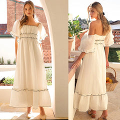 White Off Shoulder Maxi Dress with Black Ruffle Trim