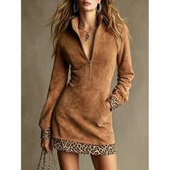 Brown Faux Suede Half Zip Mini Dress, Long Sleeve Leopard Print Cuff Hem Western Bodycon Short Dress