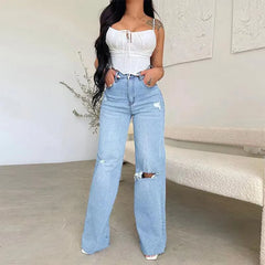 Ripped Destroyed High Waist Wide Leg Jeans