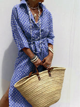 Lapel Five-Quarter Sleeve Printed Loose Maxi Dress Ethnic Travel Shirt Dress