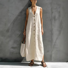 Solid V-Neck Sleeveless Button Front Casual Maxi Dress