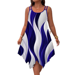 Wave Print Round Neck Double Spaghetti Strap Loose Irregular Hem Midi Dress